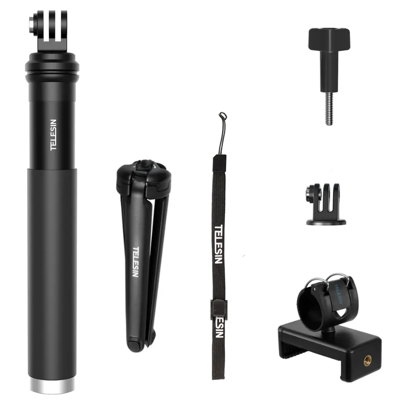 Bastón de aluminio extensible Telesin + Trípode + Clip Smartphones para GoPro, DJI, Insta360, etc.