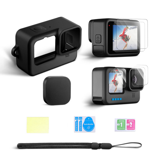 Set de protección GoPro: Protector de silicona + Protector de lente + Láminas de vidrio para Hero 11/10/9 Black