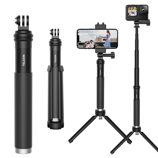 Bastón de aluminio extensible Telesin + Trípode + Clip Smartphones para GoPro, DJI, Insta360, etc.