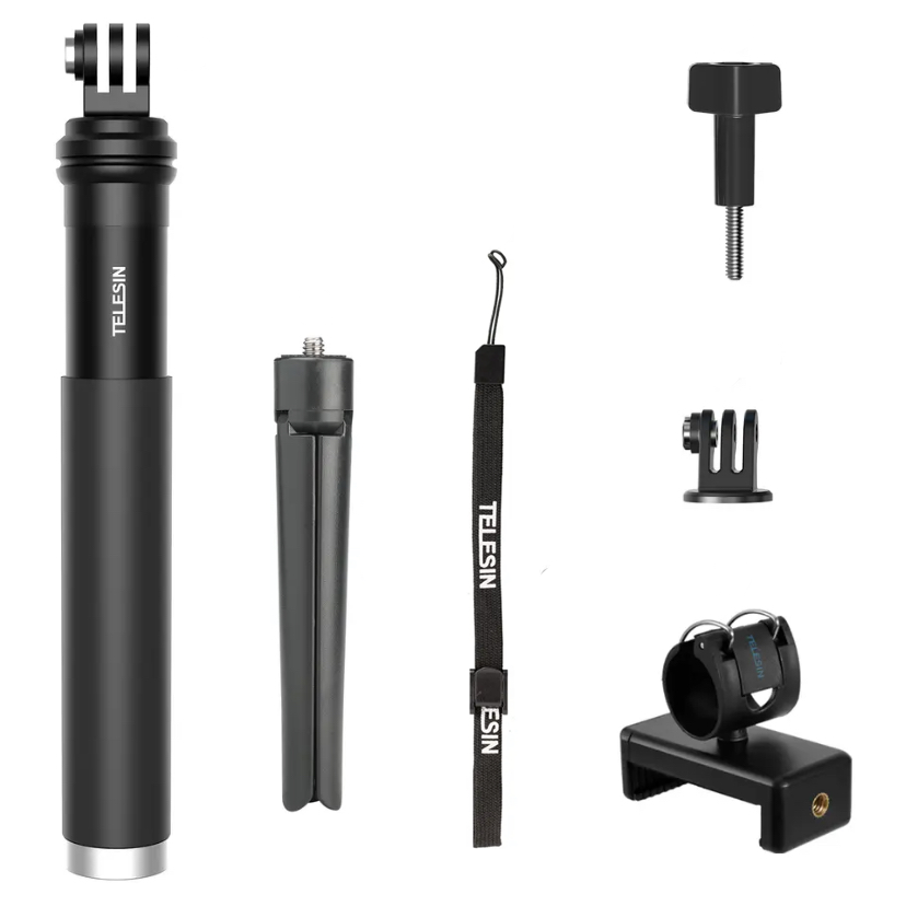 Bastón de Aluminio Extensible Telesin + Clip Smartphones para GoPro, DJI y Cámaras de Acción