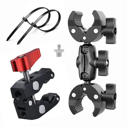 Set N°3: Soporte de Metal + Pinza Doble para Bastón (Moto/Ciclismo)